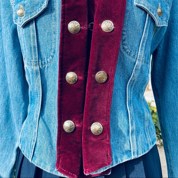 Caché vintage 80s double breasted coin button jean jacket with velvet placket - Picture 14 of 16